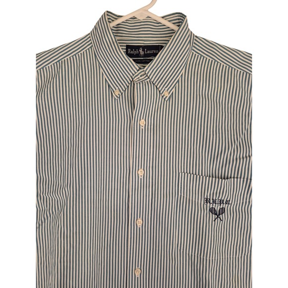 Ralph Lauren XL Green White Striped Embroidered RLPC Tennis Crest Logo Shirt VTG